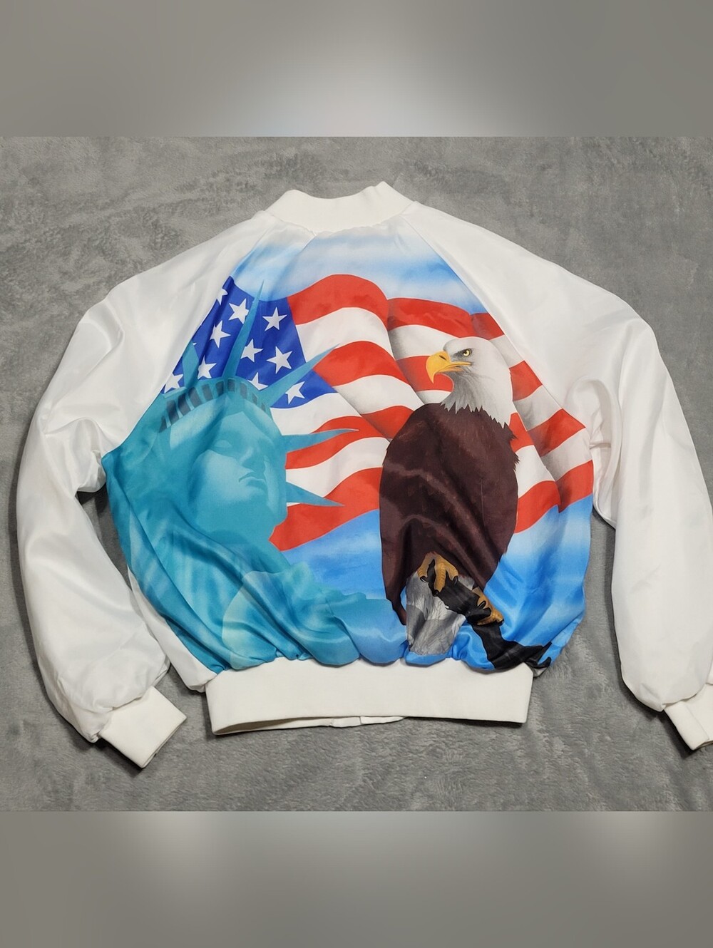 Vtg King Louie Desert Storm White Satin Bomber Jacket USA Made Flag Eagle Large